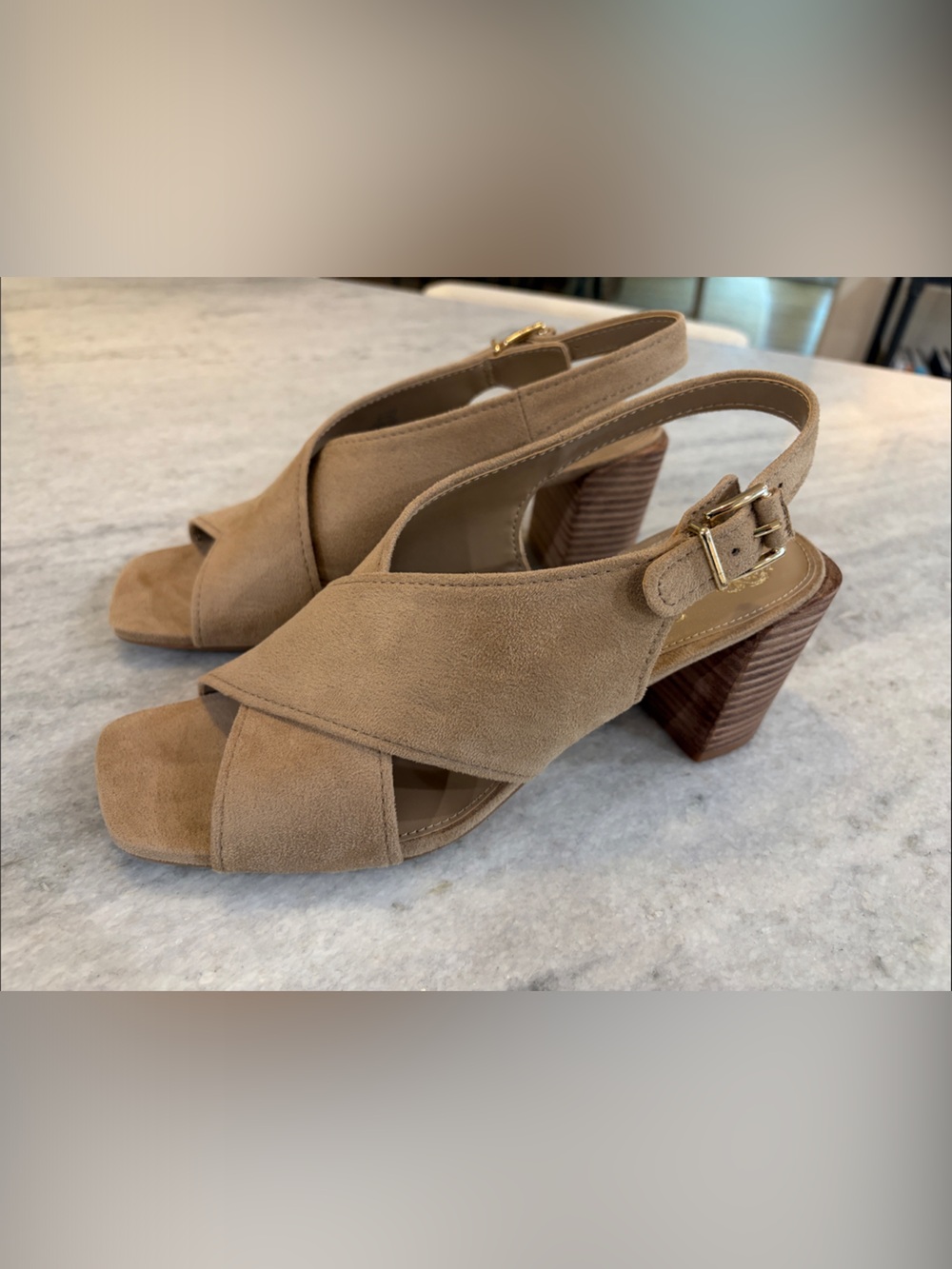 NWOT Vince Camuto Suede Crisscross Slingback Block Heel Sandals in Tan